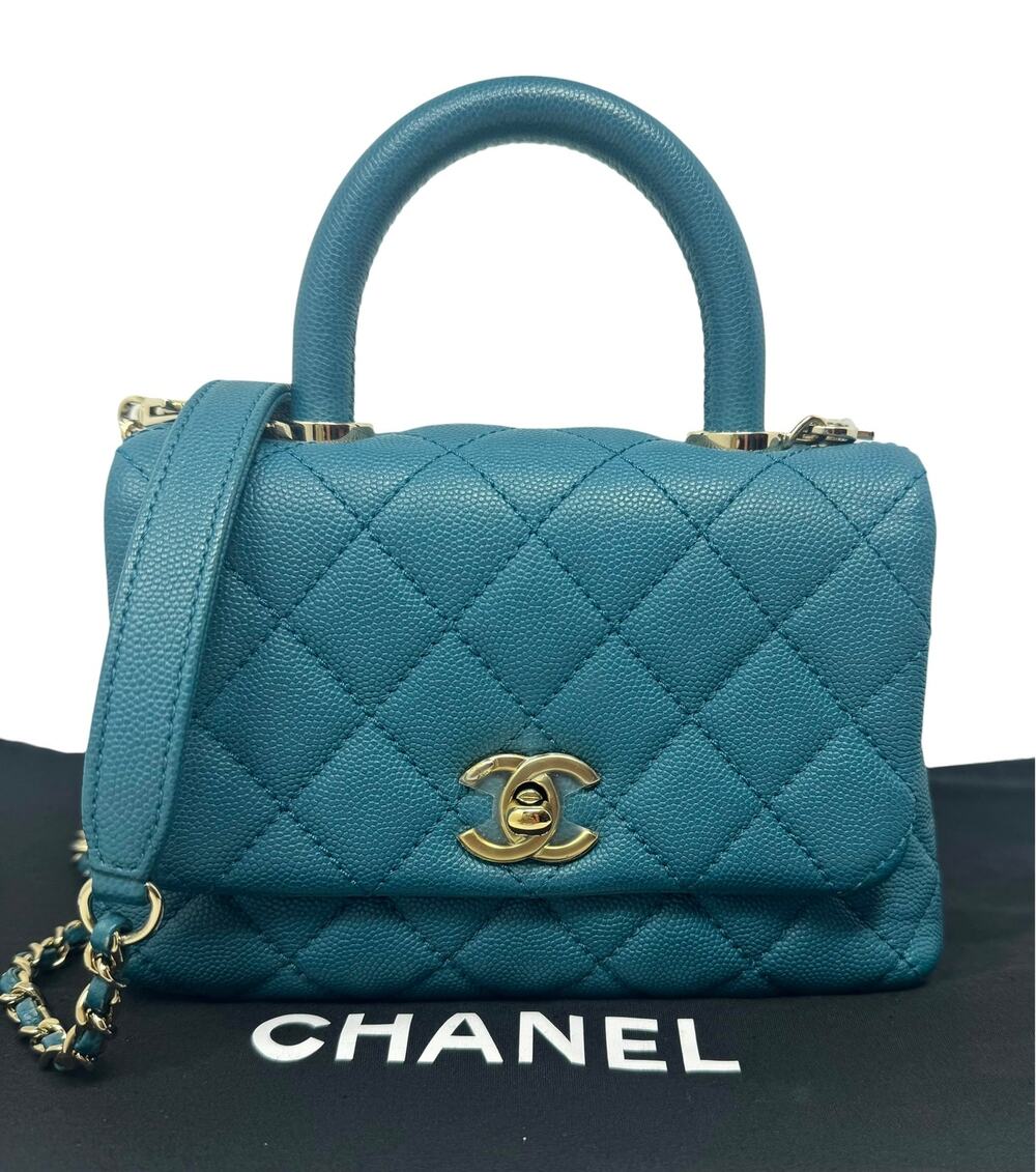 ✨🛍️ Chanel Caviar Quilted Extra Mini Coco Handle Flap Bag Dark Turquoise Blue